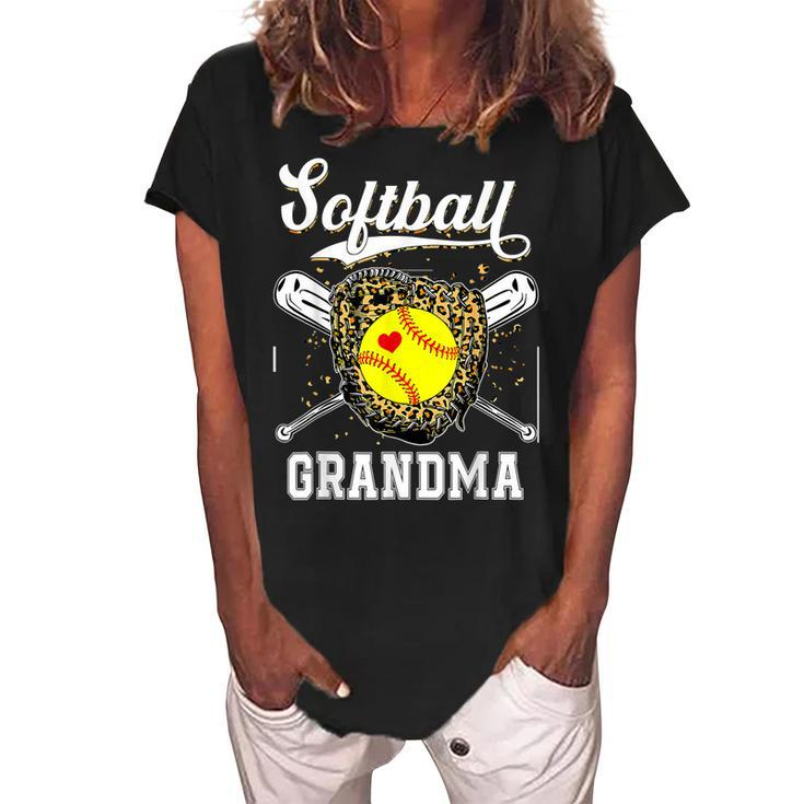 Softball Grandma Leopard Game Day Softball Mother’S Day Women's Loosen Crew Neck Short Sleeve T-Shirt