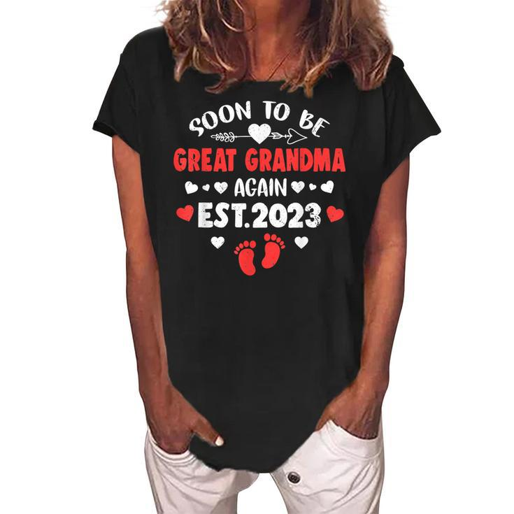 Soon To Be Great Grandma Again 2023 Promoted To Mom Women's Loosen Crew Neck Short Sleeve T-Shirt