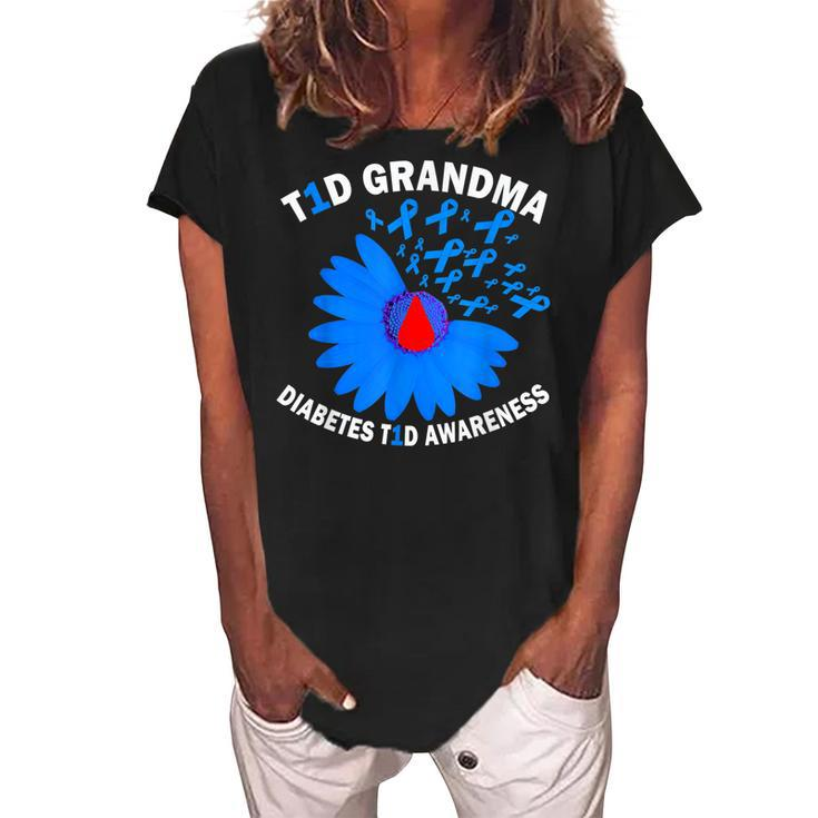 T1d Grandma Diabetes Awareness Type 1 Cure Blue Ribbon Gift Women's Loosen Crew Neck Short Sleeve T-Shirt