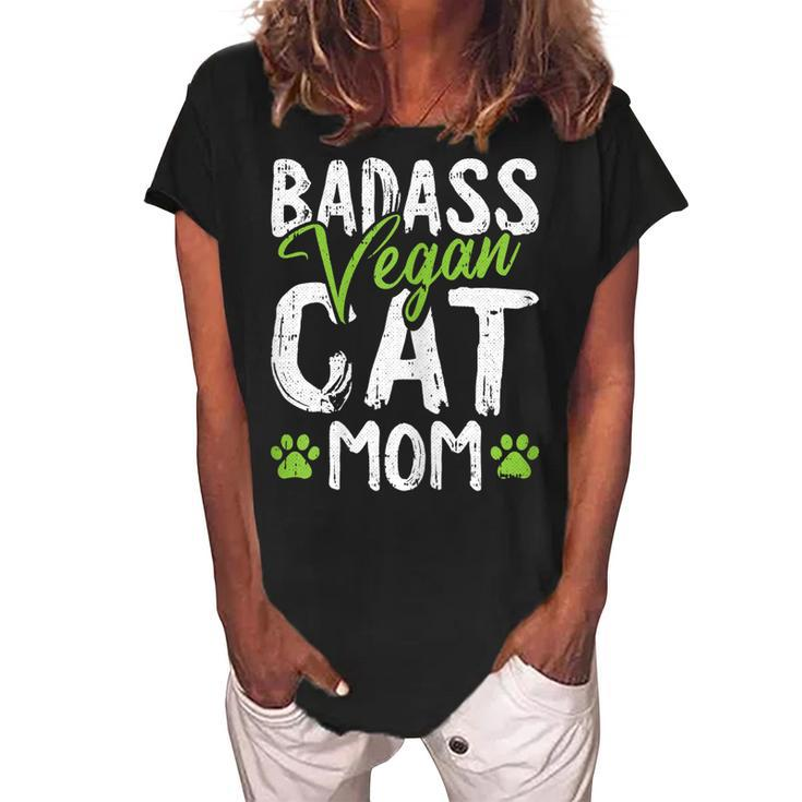 Vegan Cat Mom Mothersday Badass Mama Paw Print Kitten Lover Gift For Womens Women's Loosen Crew Neck Short Sleeve T-Shirt
