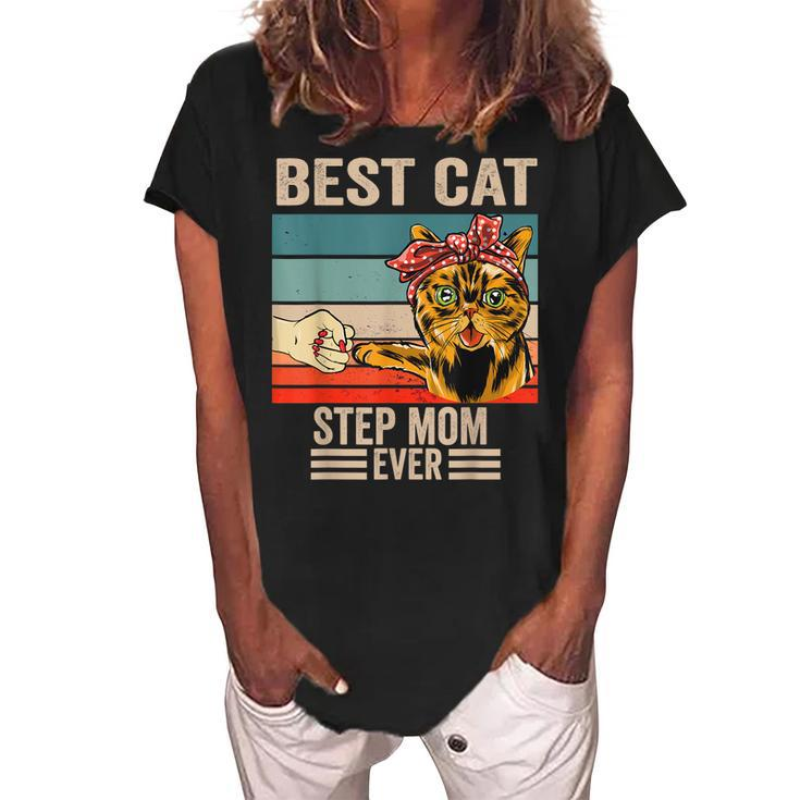 Vintage Best Cat Step Mom Ever Bump Fist Mothers Day Women's Loosen Crew Neck Short Sleeve T-Shirt