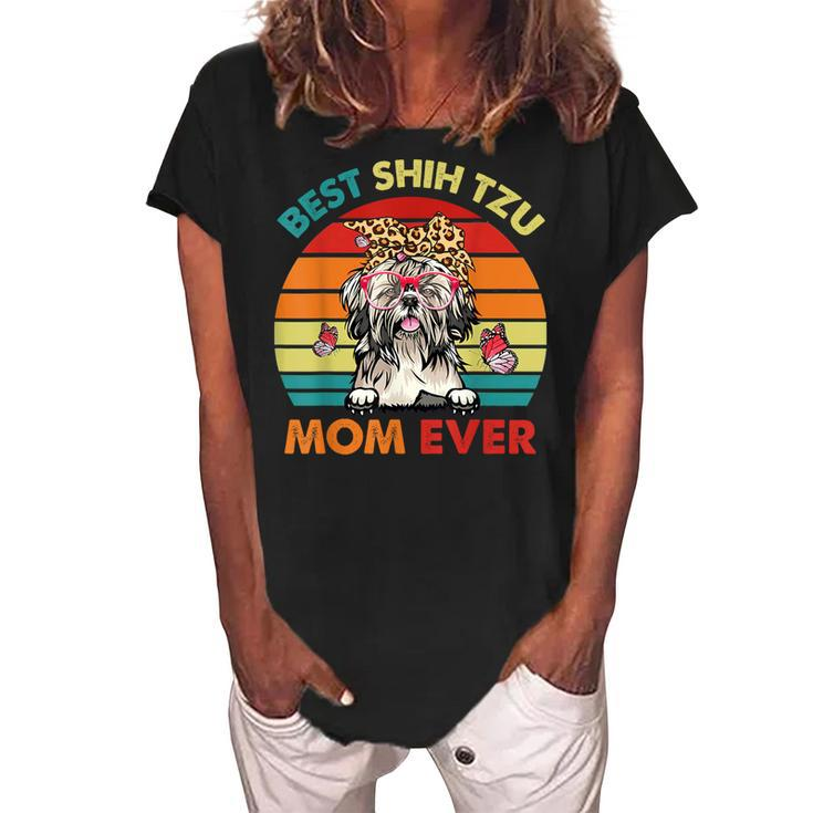 Vintage Retro Best Shih Tzu Mom Ever Cute Dog Headband Women's Loosen Crew Neck Short Sleeve T-Shirt
