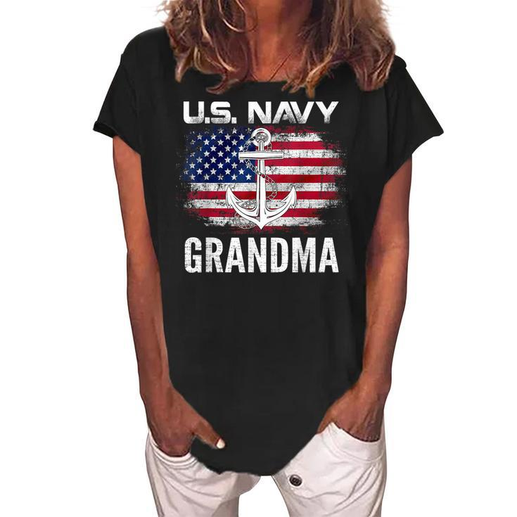Vintage Us Navy With American Flag For Grandma Gift Women's Loosen Crew Neck Short Sleeve T-Shirt