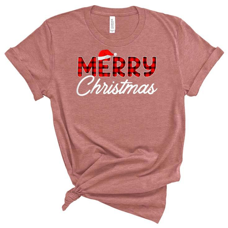 Merry Christmas Buffalo Plaid Red Santa Hat Xmas Pajamas  V2 Women's Short Sleeve T-shirt Unisex Crewneck Soft Tee