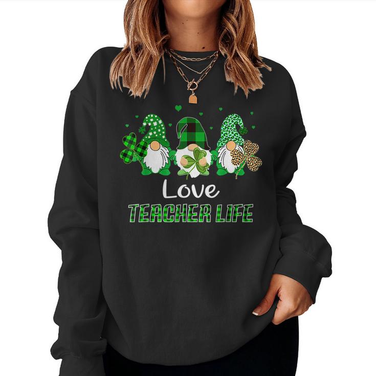 Love Teacher Life Gnome Leopard Shamrock Saint Patricks Day  Women Crewneck Graphic Sweatshirt