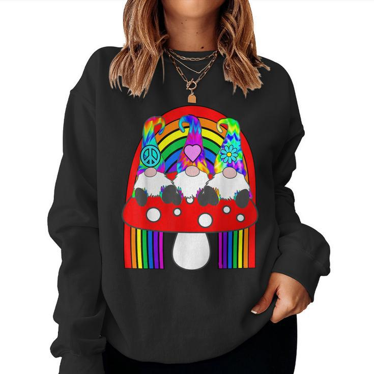 3 Hippie Gnomes On Mushroom Under Rainbow Whimsical Women Sweatshirt