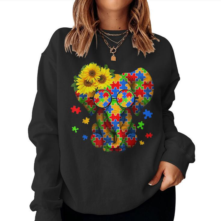 Autism Awareness Elephant Be Kind Puzzle Piece Girls Mom  Women Crewneck Graphic Sweatshirt
