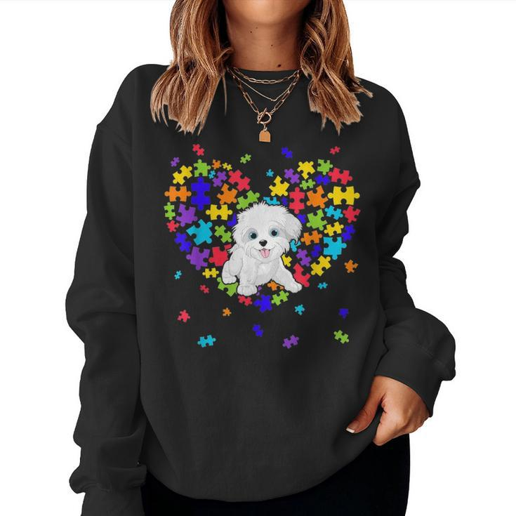 Autism Awareness Maltese Cute Heart Dog Dad Mom Gift Women Crewneck Graphic Sweatshirt