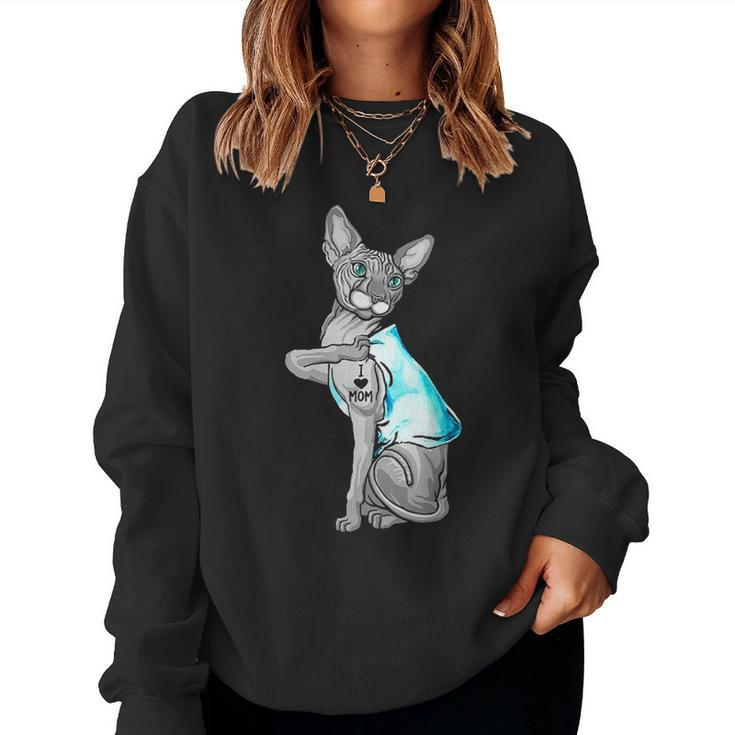 Badass Sphynx Cat I Love Mom Tattooed Women Crewneck Graphic Sweatshirt