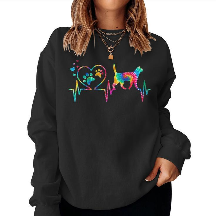 Cat Mom Mama Dad Heartbeat Tie Dye Dog Heart Meow Gift V2 Women Crewneck Graphic Sweatshirt