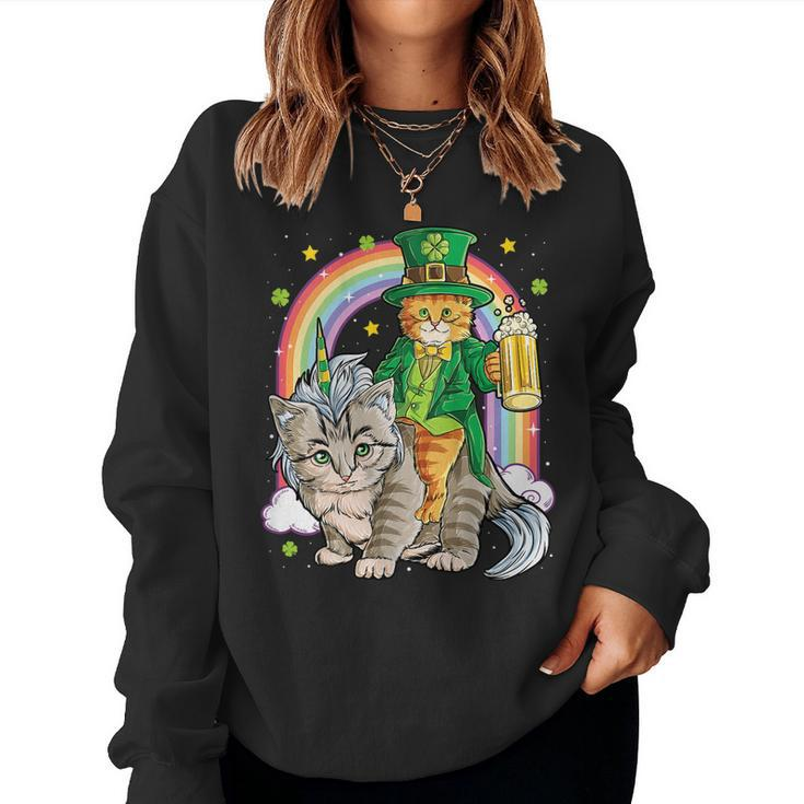 Cat St Patricks Day Leprechaun Riding Unicorn Women Men Beer Tank Top Women Sweatshirt