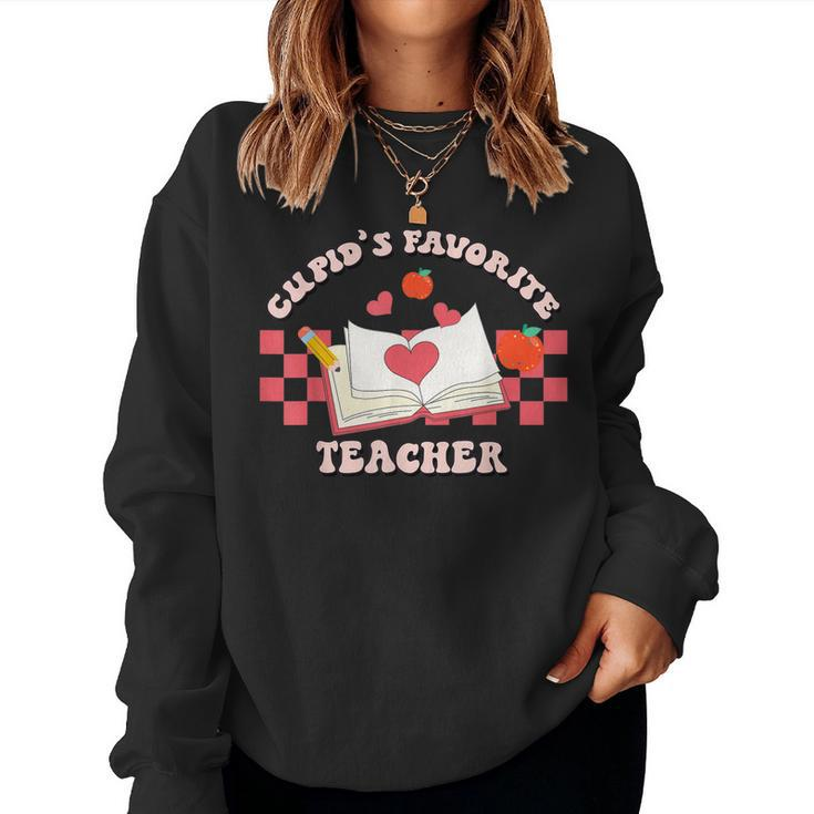 Cupids Favorite Teacher Happy Valentines Day Retro Groovy  Women Crewneck Graphic Sweatshirt