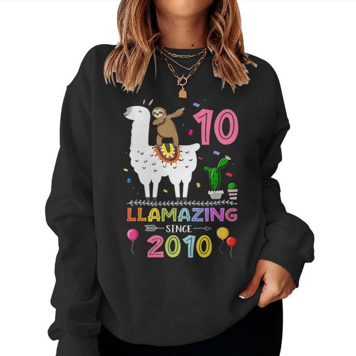 Cute 10Th Birthday Gift Sloth And Llama Llamazing Since 2010 Women Crewneck Graphic Sweatshirt