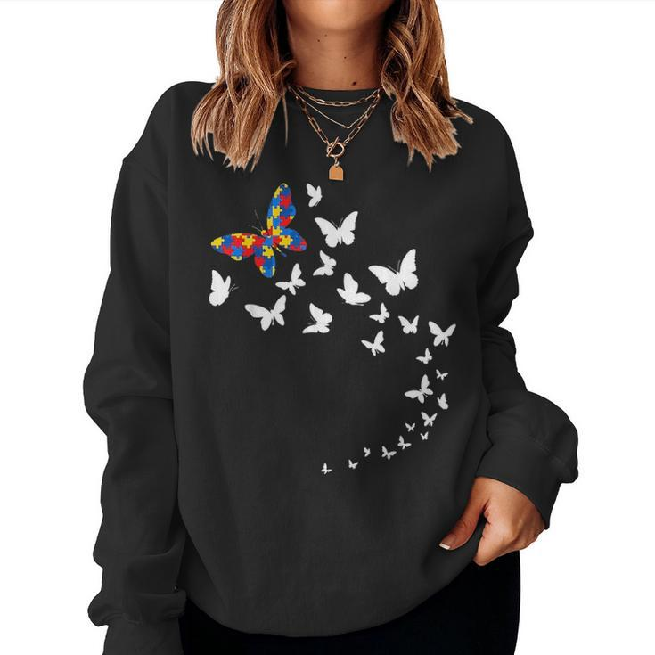Cute Butterflies Autism Awareness Gifts Women Dad Mom Kids Women Crewneck Graphic Sweatshirt