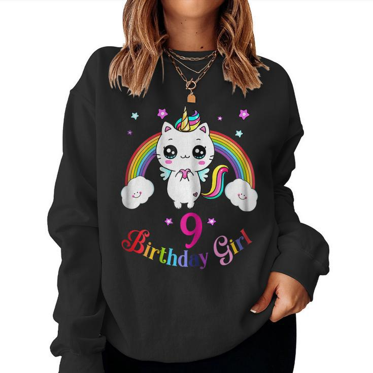 Cute Kitty 9Th Birthday Shirt Unicorn Rainbow 9Th Bday Women Sweatshirt