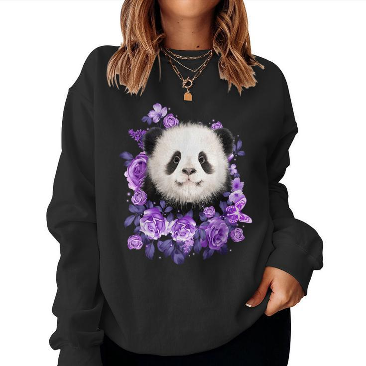 Cute Panda Purple Flowers Panda Lovers Gift  Women Crewneck Graphic Sweatshirt
