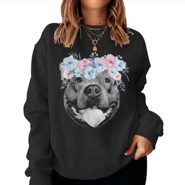 Cute Pitbull Face Floral Watercolor Flower Pittie Mom Gift Women Crewneck Graphic Sweatshirt