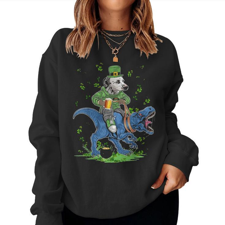 Dalmatian Dog Holding Beer Ride T Rex St Patricks Day Women Crewneck Graphic Sweatshirt