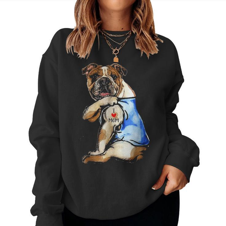 English Bulldog Dog Tattoo I Love Mom V2 Women Crewneck Graphic Sweatshirt