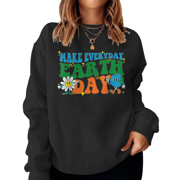 Make Everyday Earth Day Hippie Earth Flower Retro Groovy Women Sweatshirt