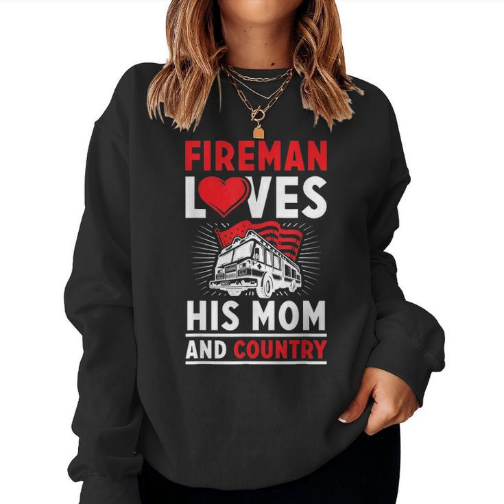 Fireman Loves His Mom And Country Mothers Day Firefighter Women Crewneck Graphic Sweatshirt