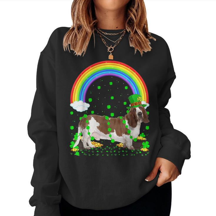 Funny Shamrock Vintage Rainbow Basset Hound St Patricks Day  Women Crewneck Graphic Sweatshirt - Thegiftio