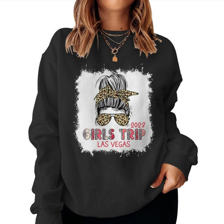 Girls Trip 2023 Messy Bun Leopard Bleached Las Vegas  Gift For Womens Women Crewneck Graphic Sweatshirt