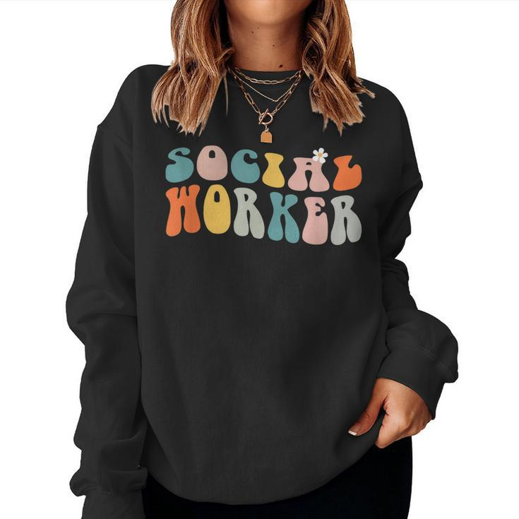Groovy Retro Social Worker Leopard Rainbow Funny Work Love  Women Crewneck Graphic Sweatshirt