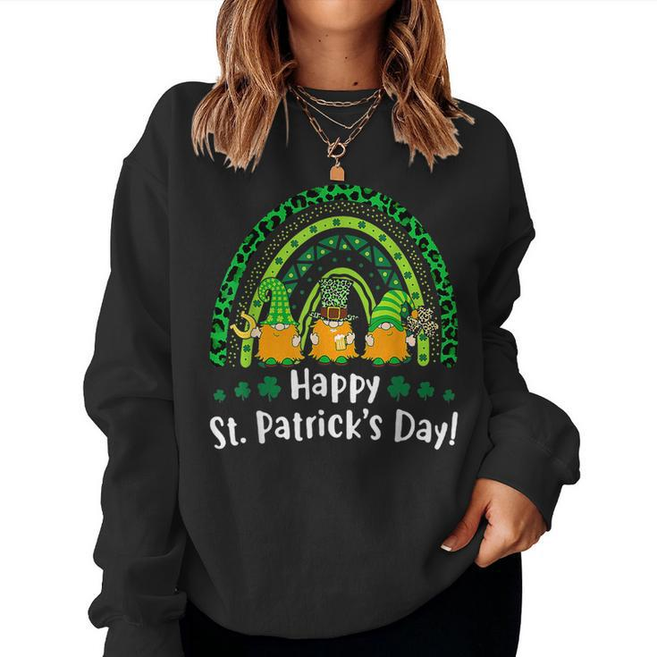 Happy St Patricks Day Rainbow Gnome Lucky Leopard Shamrock  Women Crewneck Graphic Sweatshirt