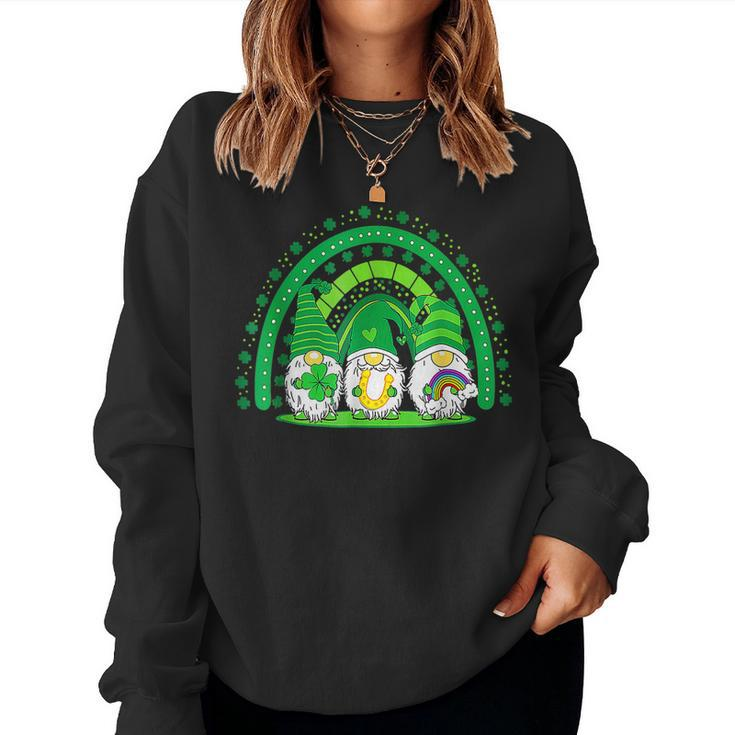 Happy St Patricks Day Three Gnomes Shamrock Rainbow  Women Crewneck Graphic Sweatshirt