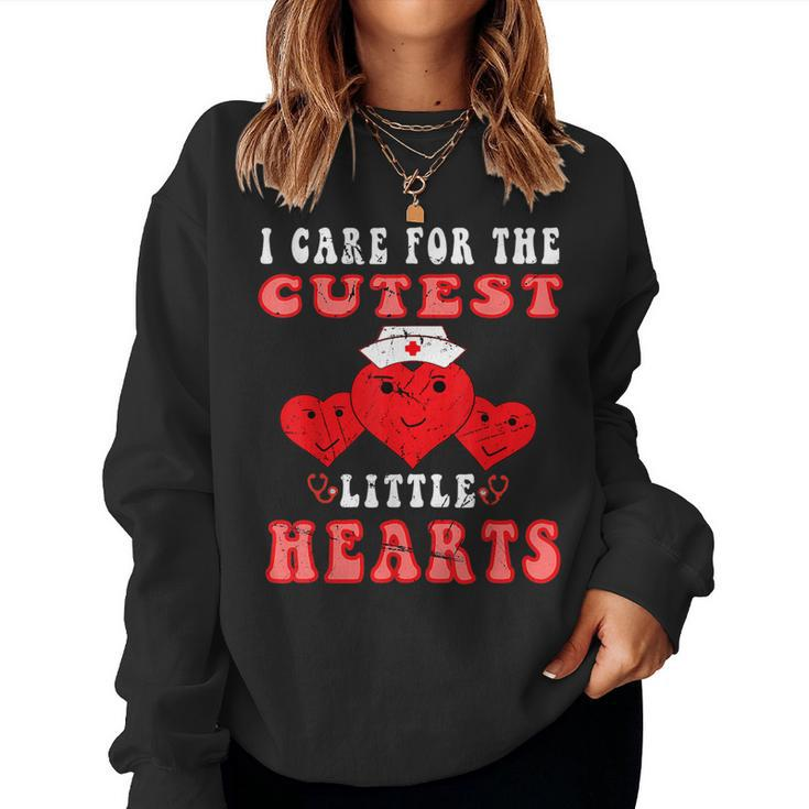 I Care For The Cutest Little Hearts Groovy Nurse Valentines  V2 Women Crewneck Graphic Sweatshirt