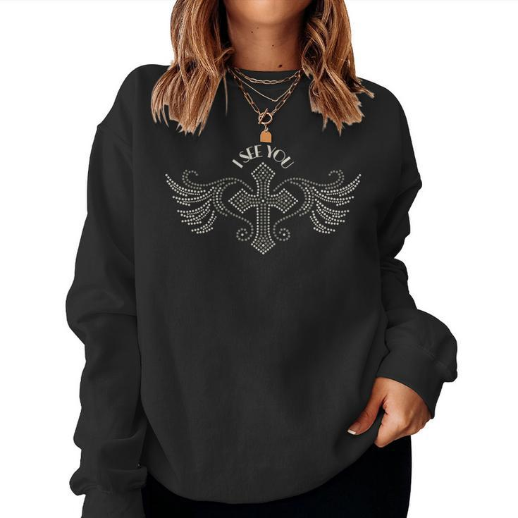 I See You  With Dotted Cross And Wings Custom Graphic  Gift For Womens Women Crewneck Graphic Sweatshirt