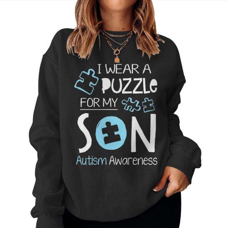 I Wear A Blue Puzzle For My Son Autism Aware Month Mom Dad Women Crewneck Graphic Sweatshirt