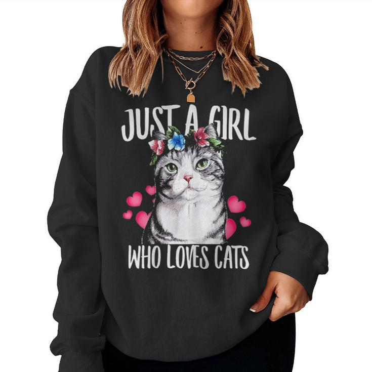 Just A Girl Who Loves Cats Lover Dad Mom Floral Crown Women Crewneck Graphic Sweatshirt
