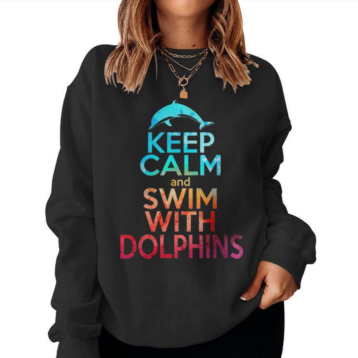 Keep Calm Swim With Dolphins Women Girls Kid Mom Beach Lover 2243 Women Crewneck Graphic Sweatshirt