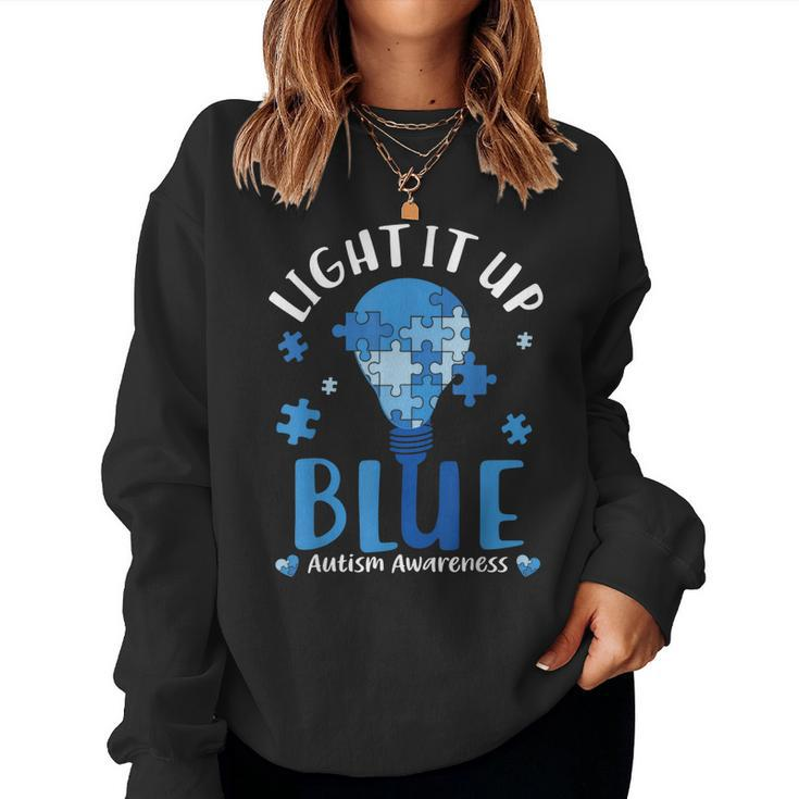 Light Up Blue Autism Awareness Month Puzzle Kids Mom Dad Women Sweatshirt