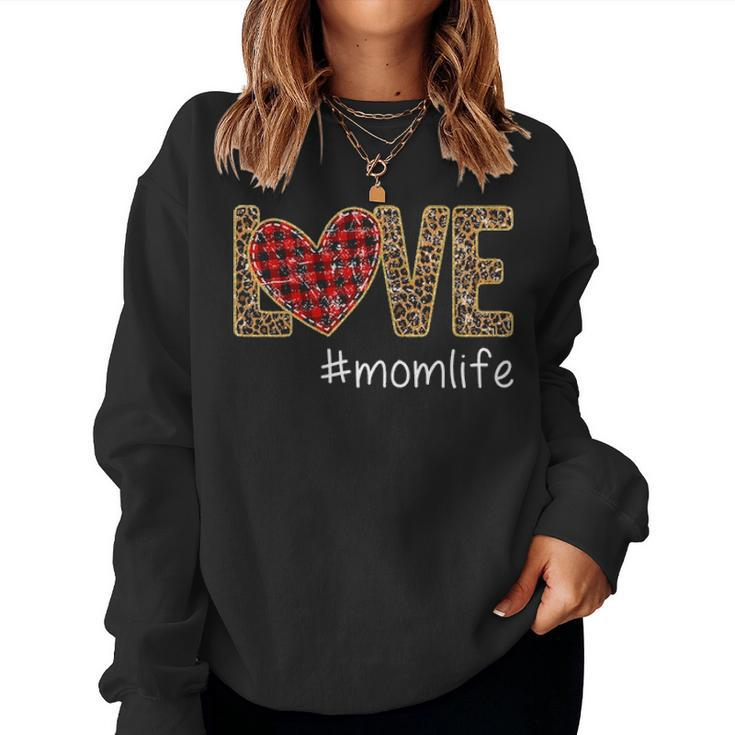 Love Momlife Mom Life Leopard Buffalo Plaid Heart Women Crewneck Graphic Sweatshirt