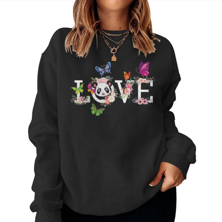 Love Panda Bear Flower Butterfly Cute  Gift For Mom Dad Women Crewneck Graphic Sweatshirt