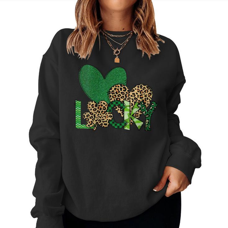 Womens Lucky Green Plaid Shamrock Leopard Heart St Patricks Day Women Sweatshirt