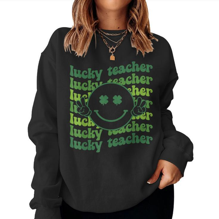 Lucky Teacher Retro Groovy Saint Patricks Day Funny Irish  Women Crewneck Graphic Sweatshirt