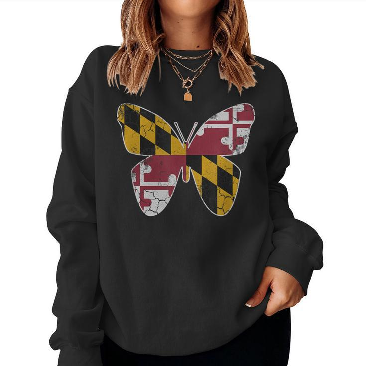 Maryland Flag Butterfly Home State Vintage Distressed  Women Crewneck Graphic Sweatshirt