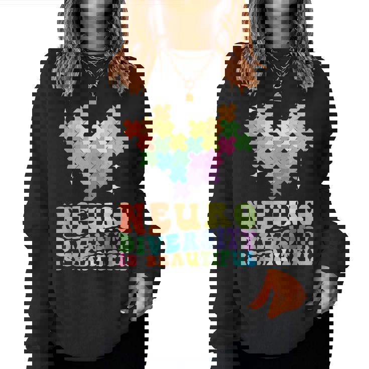 Neurodiversity Is Beautiful Puzzle Pieces Rainbow Autism Women Sweatshirt