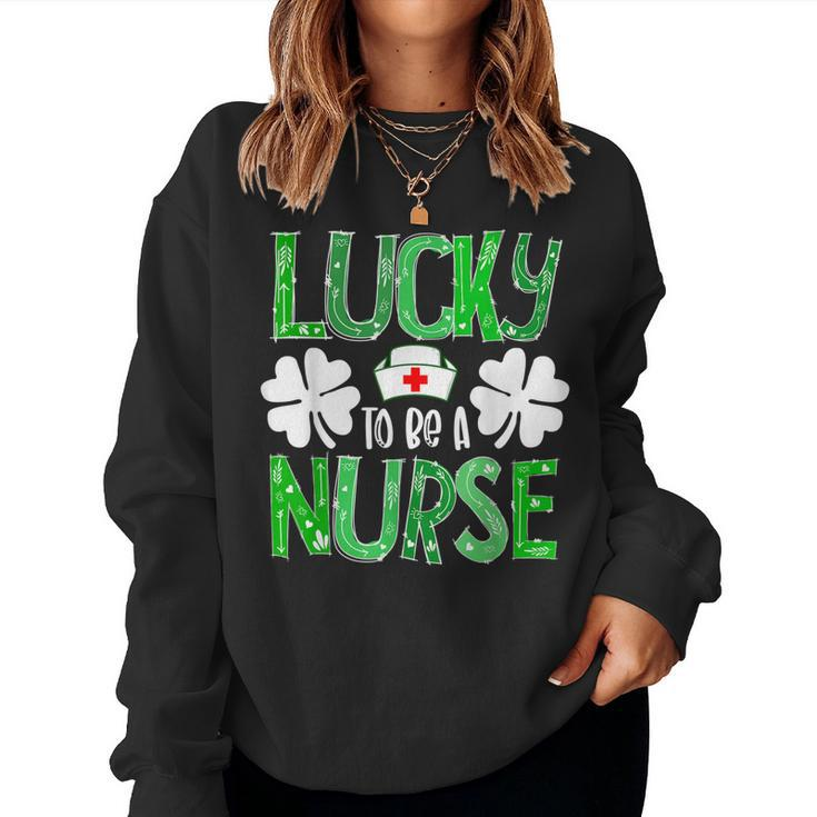 Nurse St Patricks Day Lucky To Be A Nurse Shamrocks Plaid  Women Crewneck Graphic Sweatshirt