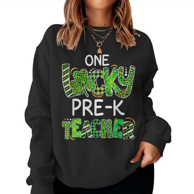 One Lucky Pre K Teacher Shamrock Leopard Plaid Patricks Day  Women Crewneck Graphic Sweatshirt