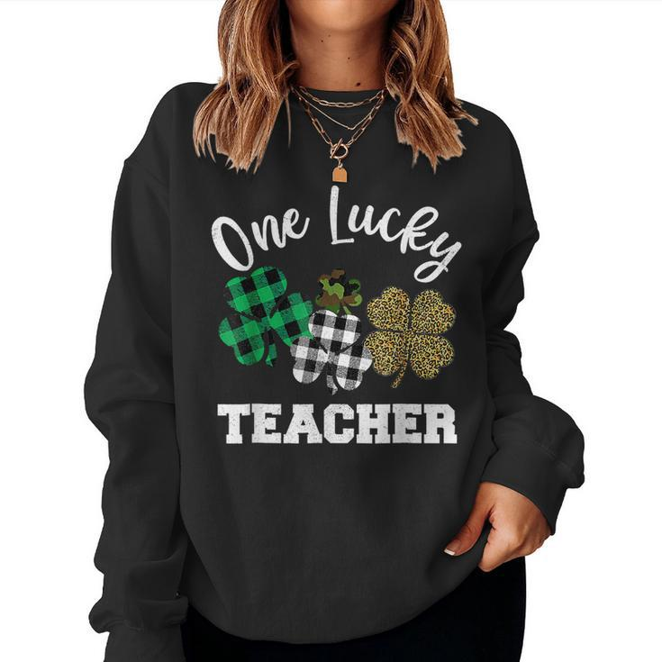 One Lucky Teacher Shamrock Leopard Plaid St Patricks Day  Women Crewneck Graphic Sweatshirt