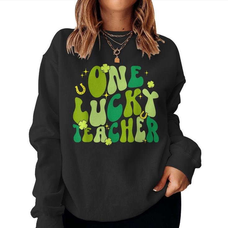 One Lucky Teacher Shamrock St Patricks Day Retro Groovy  Women Crewneck Graphic Sweatshirt