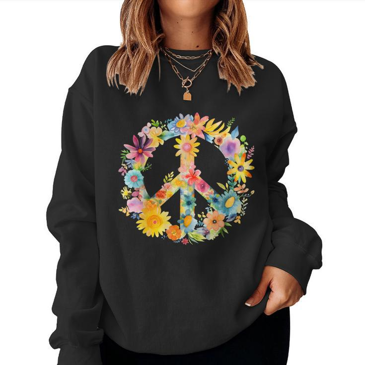 Peace Sign World Love Flowers Hippie Groovy Vibes Colorful Women Sweatshirt