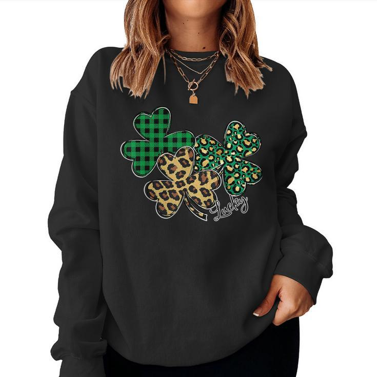 Plaid Shamrock Leopard Cheetah Lucky St Patricks Day Women  Women Crewneck Graphic Sweatshirt