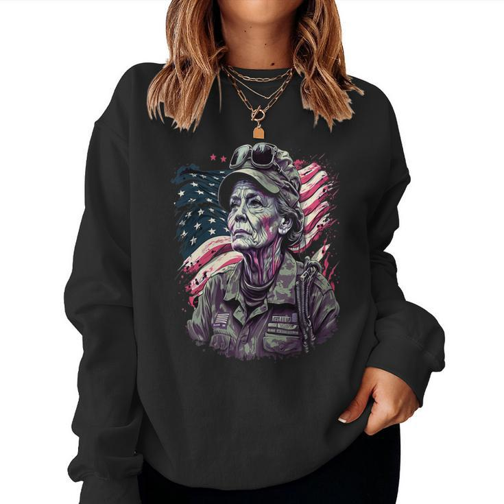 Retired Military Vintage Veteran American Mom  Women Crewneck Graphic Sweatshirt