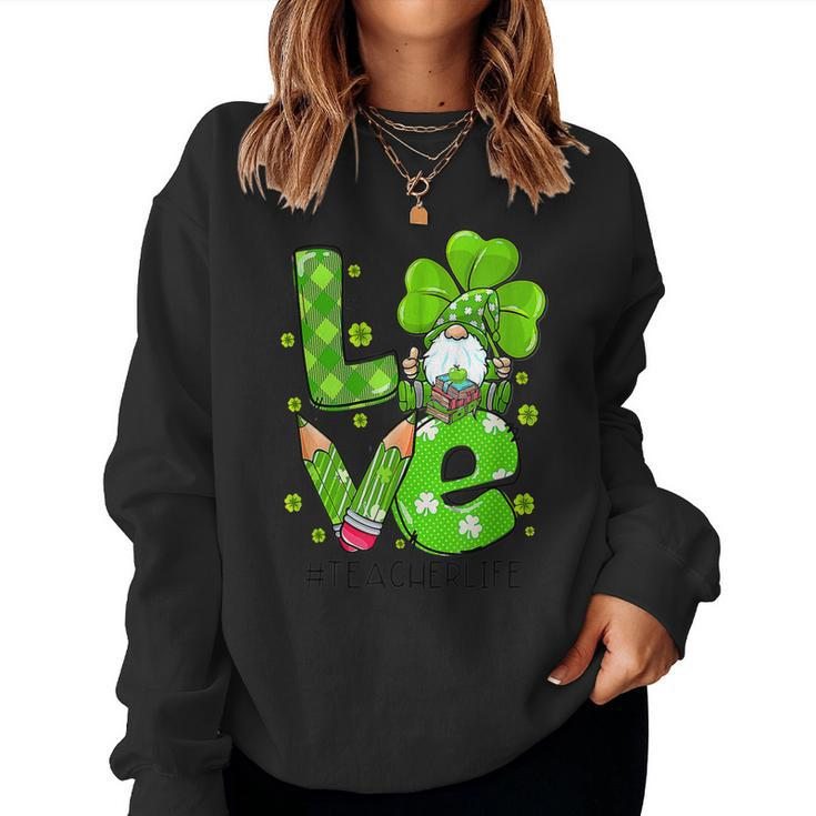 Retro Cute Irish Gnome Love Teacher Shamrock St Patricks Day  Women Crewneck Graphic Sweatshirt